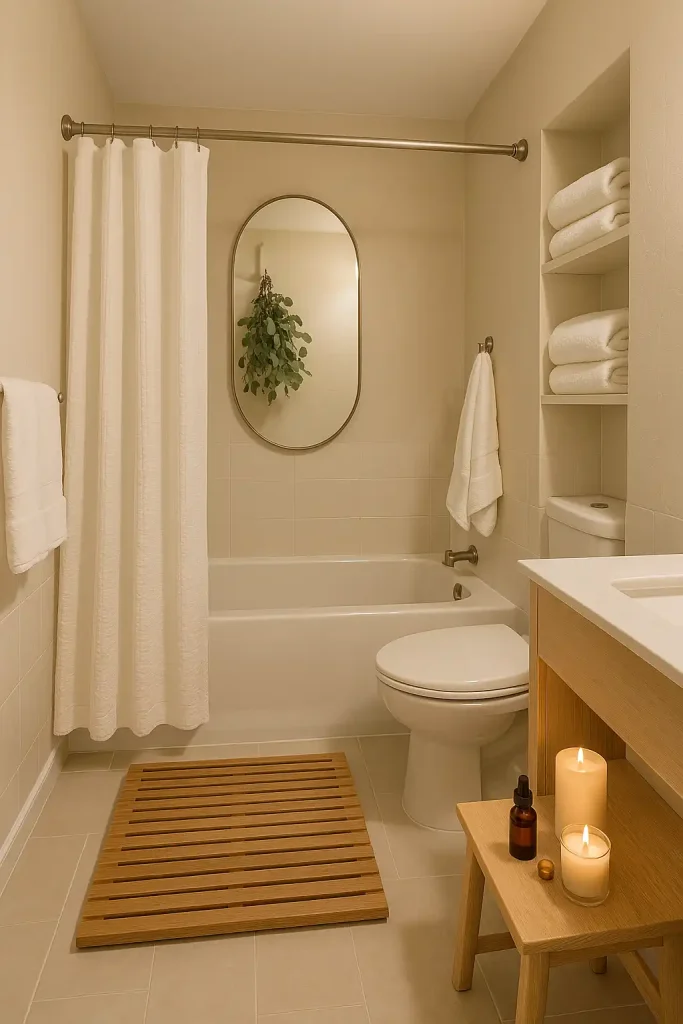 Luxurious, spa-inspired bathroom in a small space. Neutral tones, teak wood bath mat, eucalyptus hanging in the shower, white fluffy towels, and a tiny bench with candles and essential oils.