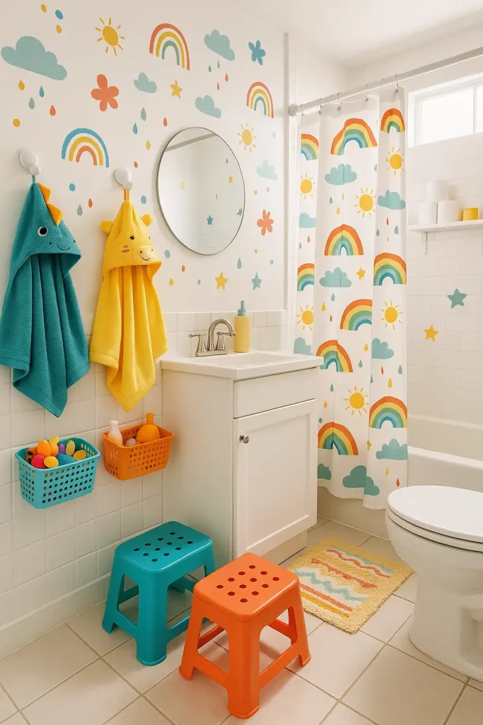 A bright, playful small bathroom for kids with colorful wall decals, a fun shower curtain, step stools, animal-themed towels, and smart organization for toys and toiletries.