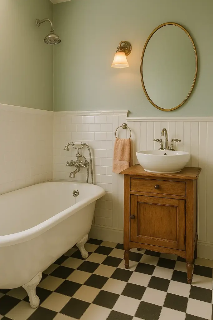 Small bathroom with vintage-inspired elements: clawfoot tub, antique-style faucet, checkered floor tile, sconce lighting, and a repurposed vanity with a basin sink. Soft pastel color palette.