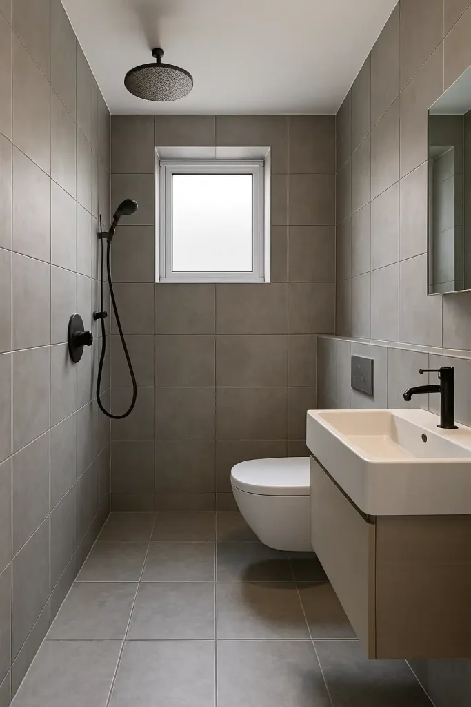 A tiny bathroom designed in wet room style: no shower curb, open layout, sleek gray tile throughout walls and floor, rainfall shower head, wall-mounted toilet and vanity, and glass partition or none at all.