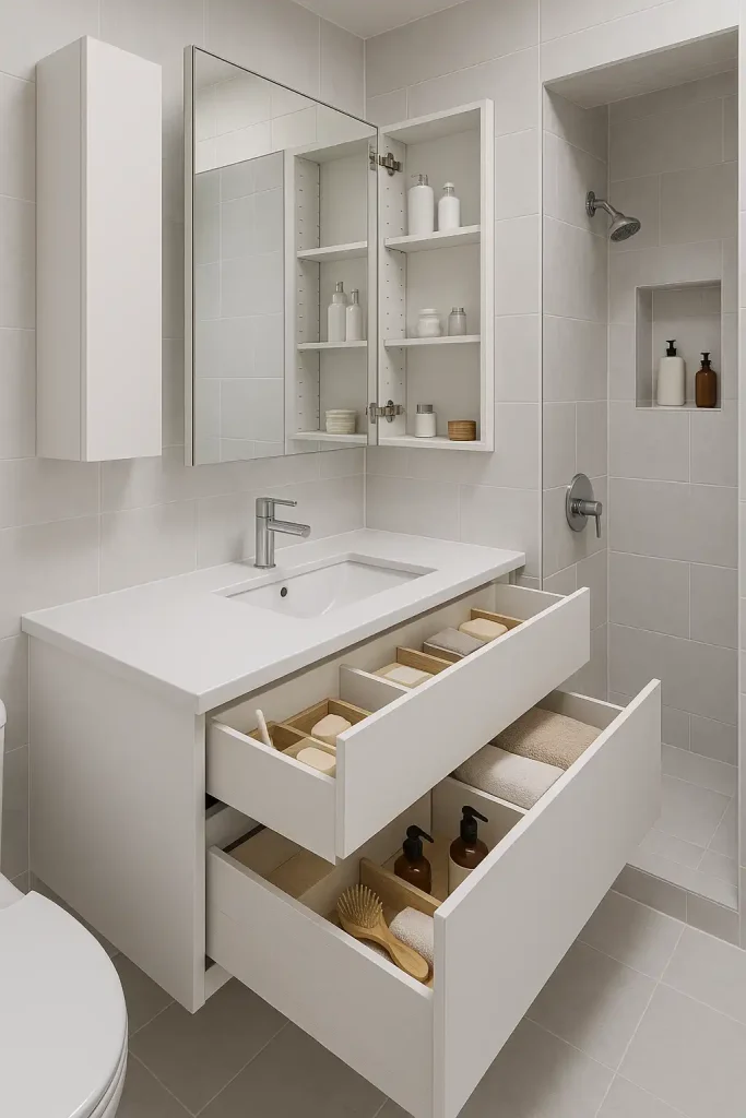 Bathroom with seamless hidden storage: vanity drawers with organizers, built-in medicine cabinet behind mirror, recessed shelving in the shower with tile continuation, and wall-mounted slim cabinets.