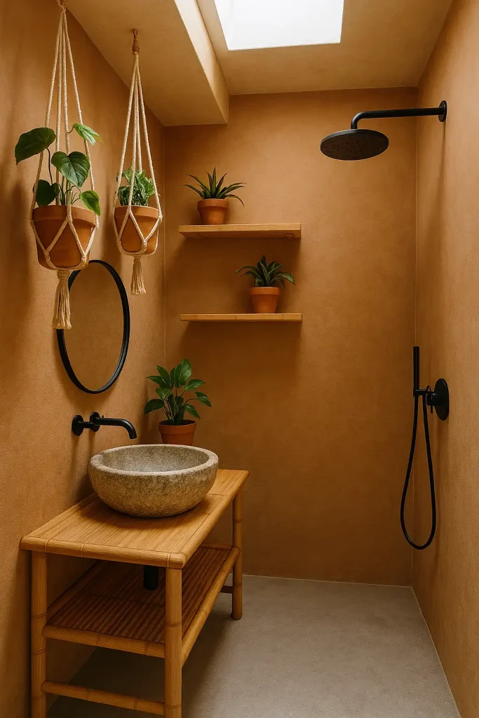 A tiny bathroom styled with eco-friendly, nature-inspired décor. A vessel sink made from stone, bamboo shelves, potted plants on hanging macramé holders, a rain shower head, and warm earth-tone walls. A skylight allows light to pour in.