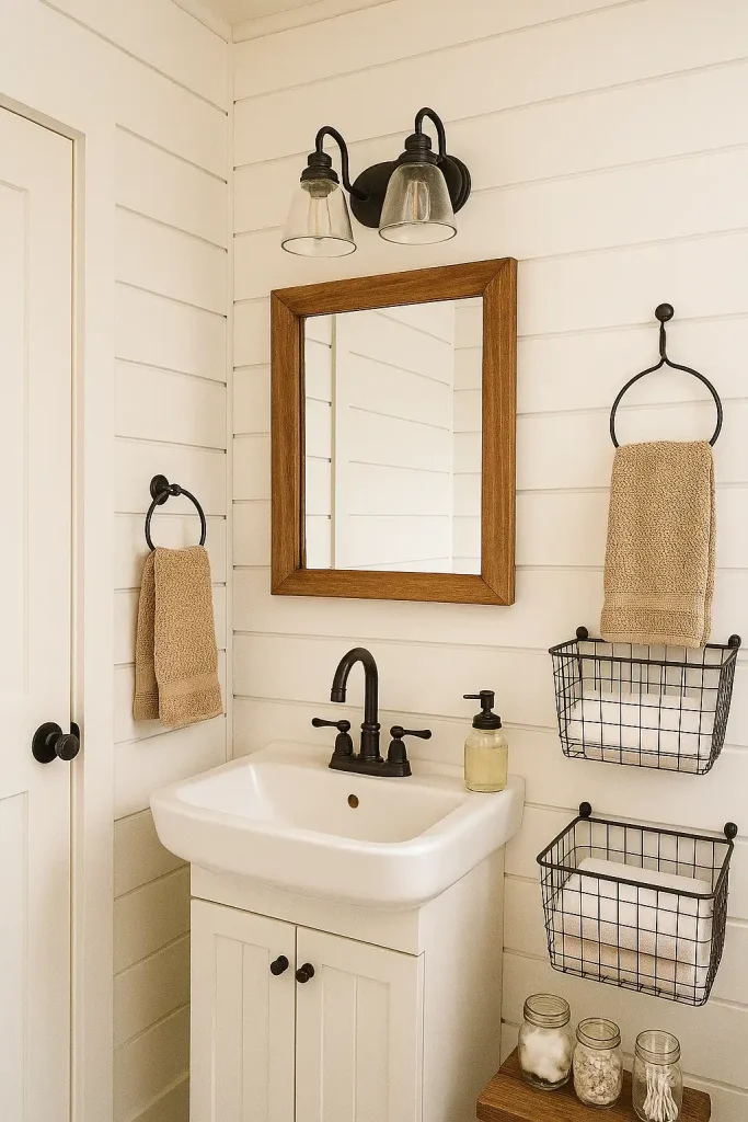 Cozy farmhouse-inspired bathroom with shiplap walls, black hardware, wood-framed mirror, vintage light fixtures, white ceramic sink, and wire baskets for towel storage. Mason jars for toiletries.
