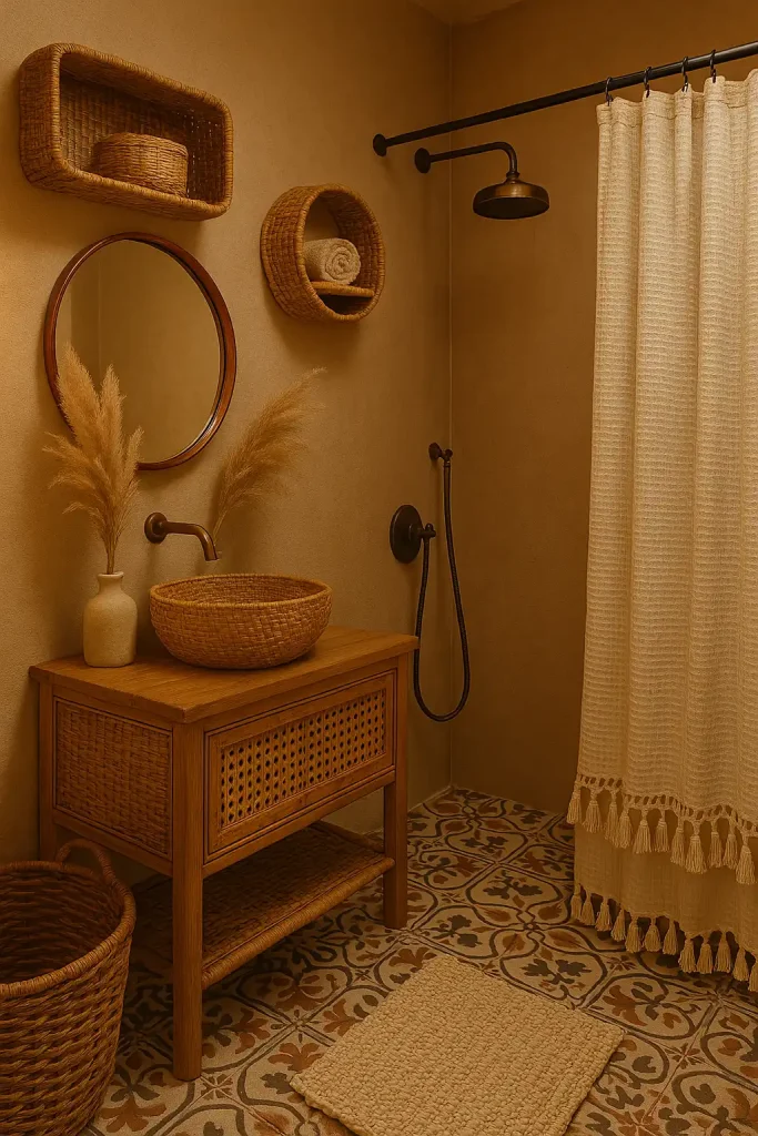 Small bohemian-style bathroom with rattan accessories, patterned floor tiles in Moroccan style, a round copper mirror, pampas grass in a vase, and cozy textiles like a woven rug and tassel shower curtain. Soft warm lighting.