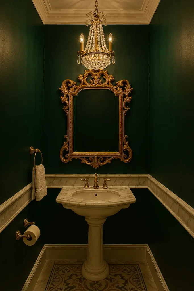 A narrow bathroom decorated glamorously with gold accents, a statement mirror with an ornate frame, deep emerald or navy walls, marble countertop, and a crystal chandelier. A small pedestal sink adds elegance without taking space.