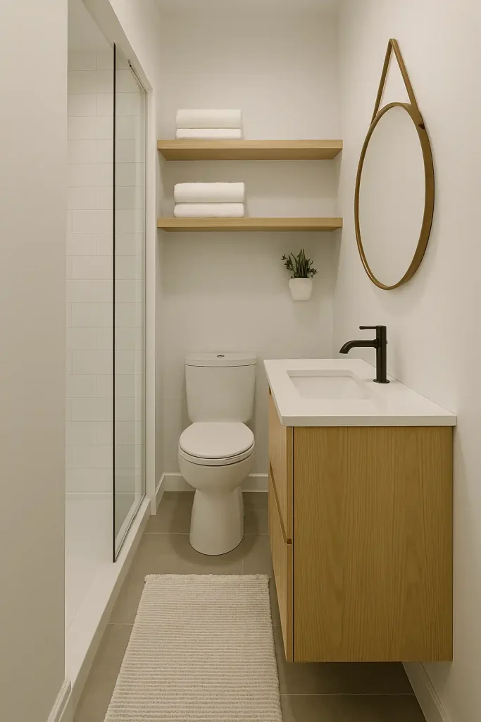 Small Scandinavian-inspired bathroom with white walls, light oak cabinetry, minimalist décor, frameless glass shower, and folded white towels on open shelves. A tiny wall-mounted plant and round mirror with leather strap complete the look.