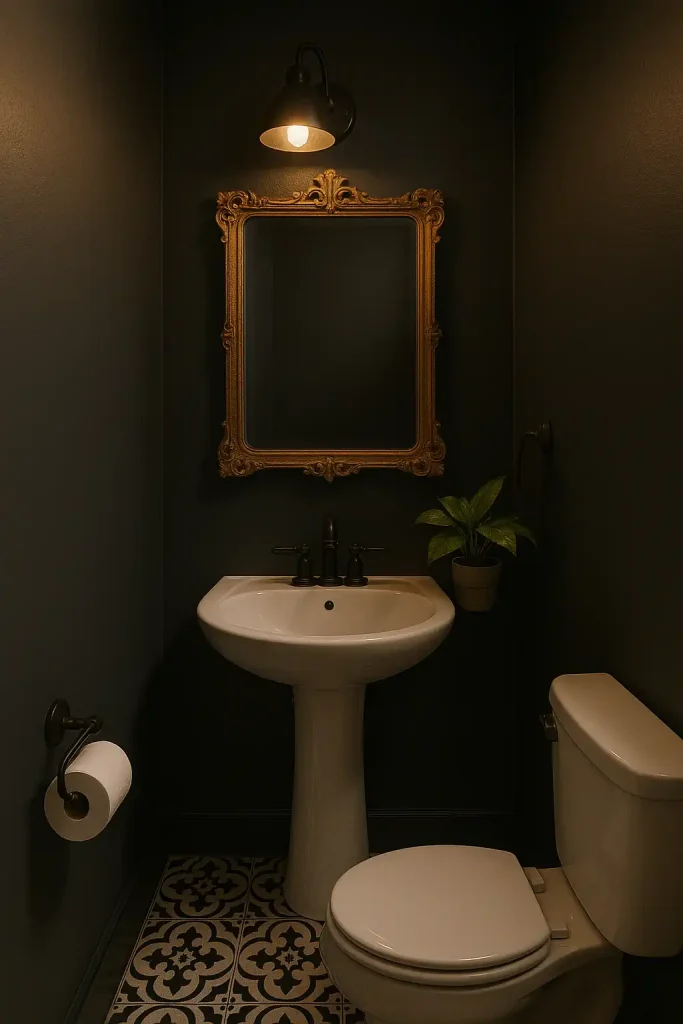 Tiny bathroom with dark charcoal or navy walls, black matte fixtures, moody lighting from a wall sconce, and bold patterned tile flooring. A vintage gold-framed mirror adds contrast. Greenery provides a fresh pop of color.