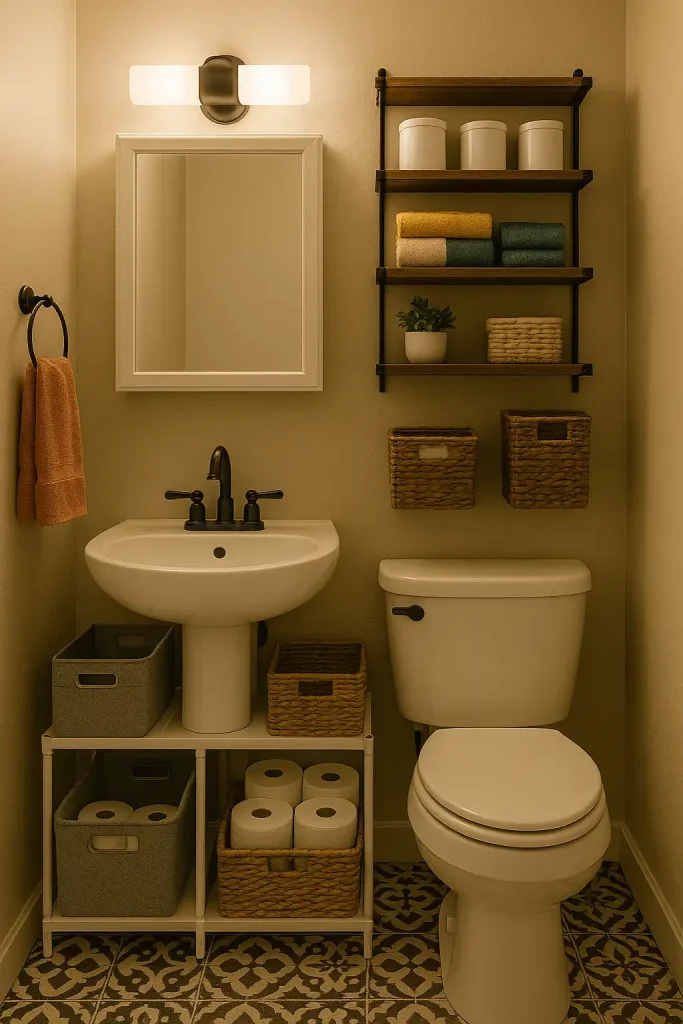 A compact bathroom showing clever storage ideas: under-sink organizers, wall-mounted baskets, tiered shelves over the toilet, and a mirrored medicine cabinet. Neutral tones with pops of color through towels or a small plant.