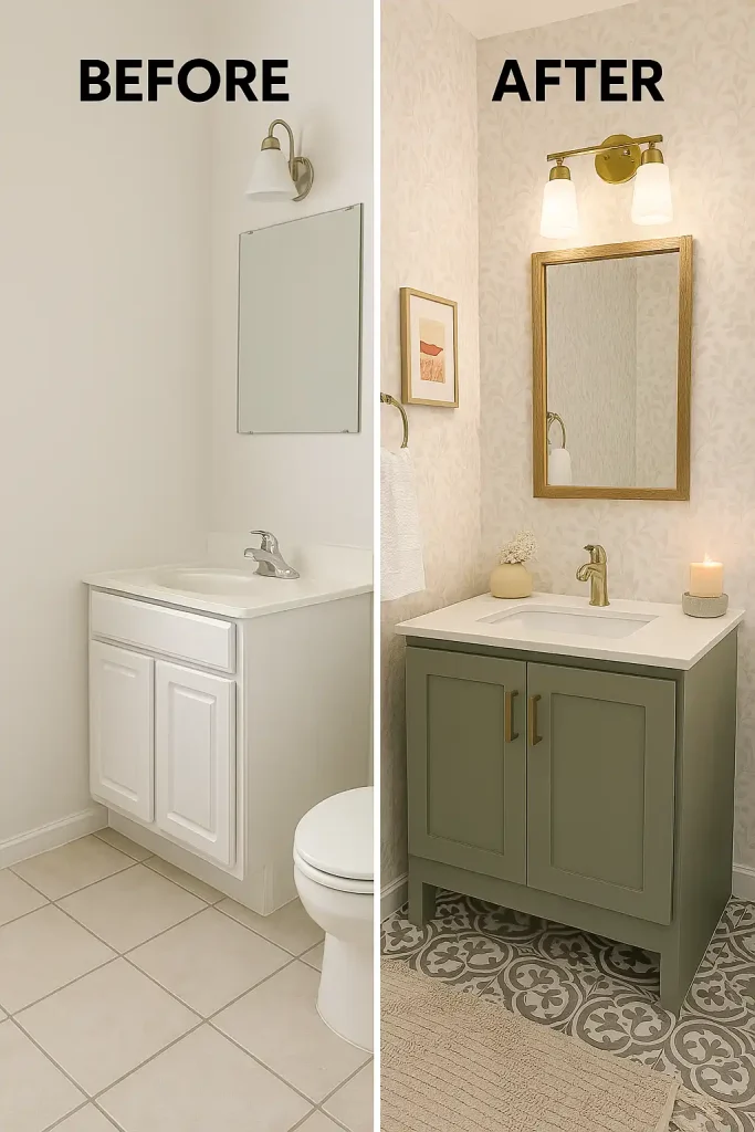 Before and after split image: a plain bathroom turned chic with peel-and-stick tile, removable wallpaper, a painted vanity, framed mirror, and decorative accents like candles and small art prints.