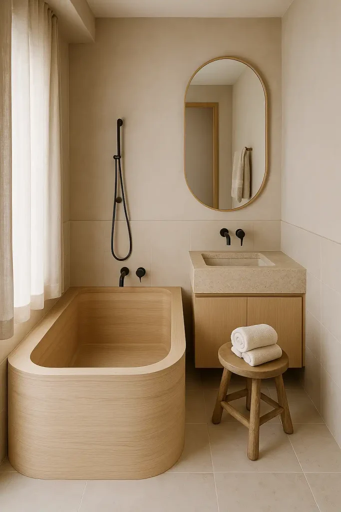 Japanese and Scandinavian fusion small bathroom with clean lines, a soaking tub, neutral beige and wood tones, a wooden stool holding rolled towels, a large oval mirror, and natural textures like linen and stone.