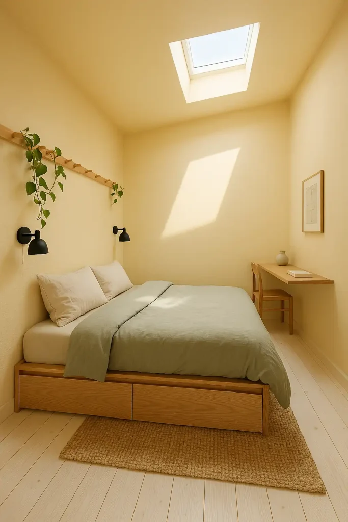 A sun‑filled Scandinavian micro‑loft bedroom shot at 24 mm, white‑washed pine floors, low platform oak bed with integrated drawer storage, color‑drenched butter‑cream walls and ceiling for a seamless look, slim floating desk under a skylight, matte‑black sconce lamps, woven jute rug, trailing pothos on a peg rail, linen duvet in muted sage, minimal artwork, airy and serene — ultra‑wide angle, natural morning light, crisp 8‑K.