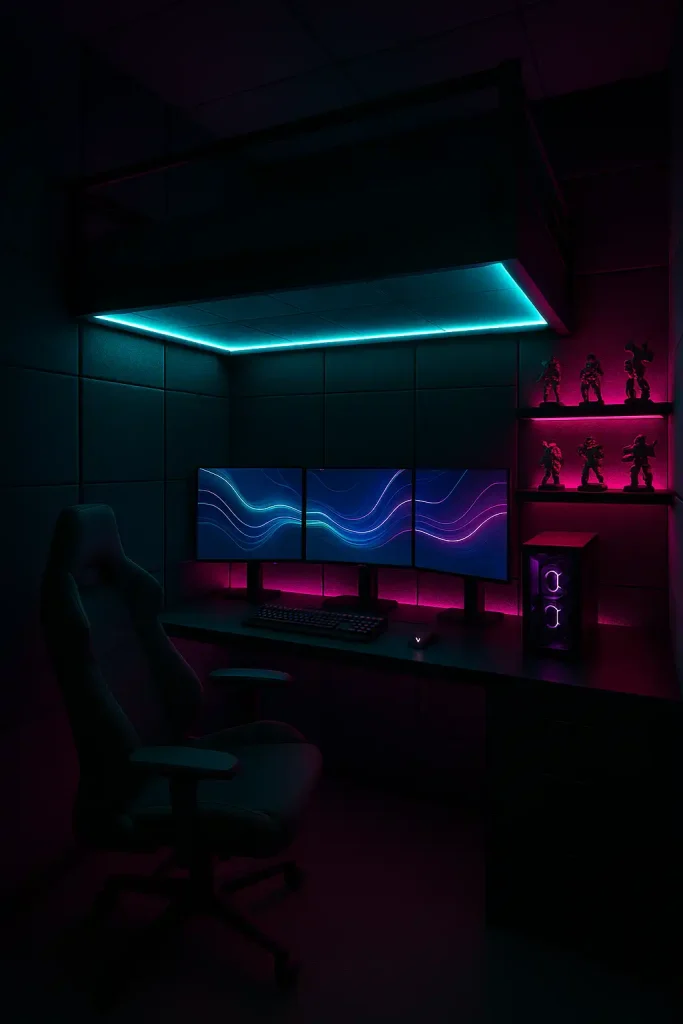 Tiny 10 × 11 ft bedroom turned gaming den, loft bed with LED strip under‑glow, built‑in desk and triple‑monitor setup below, charcoal acoustic panels, neon cyan and magenta accents, matte‑black walls, RGB shelf lighting for figurines, ergonomic chair, futuristic vibe, low‑key exposure.