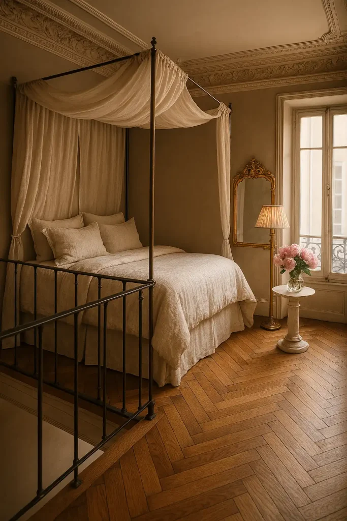 Haussmann micro‑studio bedroom on mezzanine level, original herringbone parquet, ornate crown moulding painted warm taupe, slim wrought‑iron railing, linen canopy bed, antique gilded mirror, marble pedestal side table with peonies, floor lamp with pleated shade, soft morning window light, romantic editorial style.