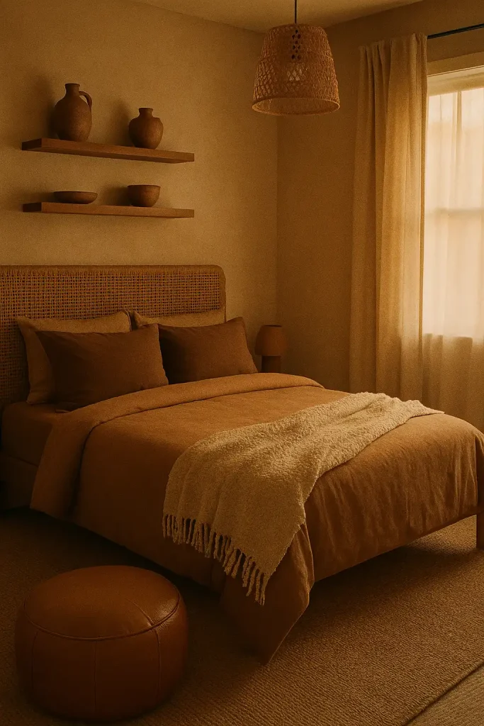 Earthy small bedroom palette of camel, tan, and chocolate brown, woven headboard, clay pottery on floating shelves, linen drapes, caramel leather pouf, wool boucle throw, sisal carpet, rattan pendant lamp, diffused sunset light, tranquil atmosphere — 35 mm film emulation.