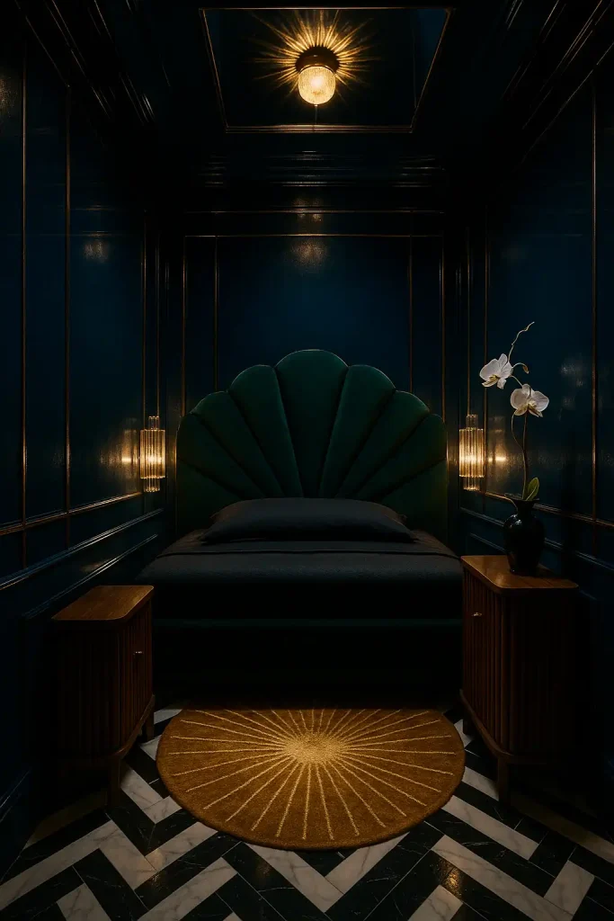 Ultra‑compact 8 × 9 ft bedroom styled like a 1930s jewel box, high‑gloss midnight‑blue lacquered walls with thin brushed‑brass inlay stripes, mirrored ceiling panel, fan‑shaped velvet headboard in emerald green, fluted walnut nightstands, crystal skyscraper sconces, black‑and‑white chevron marble floor, gold sunburst rug, single orchid in onyx vase, dramatic low‑angle shot, f/1.8, cinematic chiaroscuro.