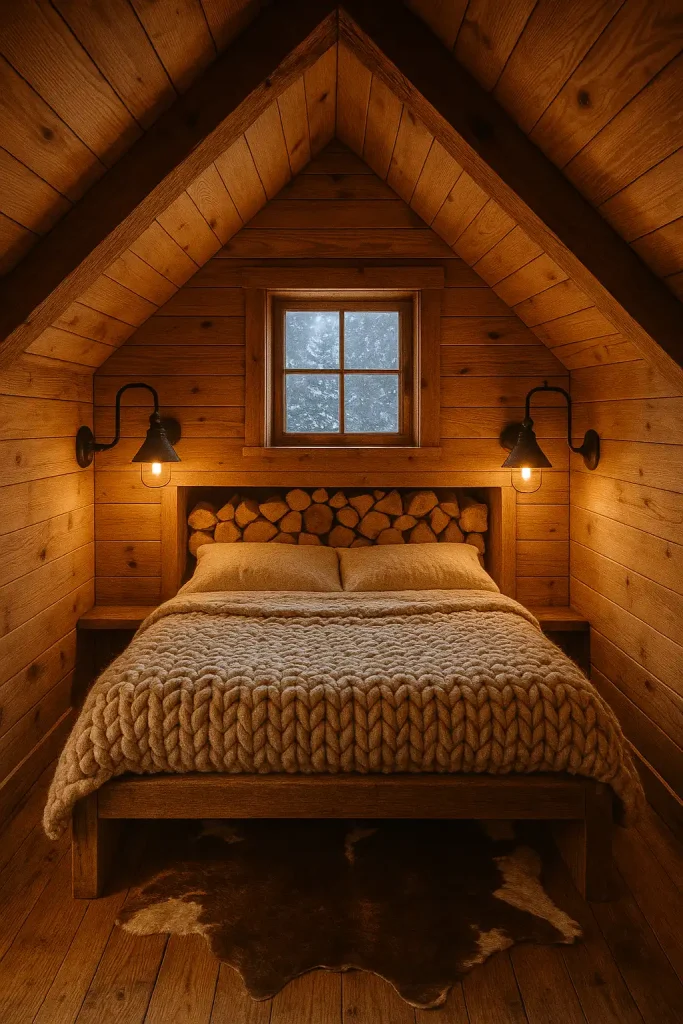 Tiny attic bedroom in a mountain cabin, knotty‑pine shiplap on every surface, built‑in queen mattress recessed between heavy timber beams, chunky knit wool blankets in oatmeal, stacked firewood niche as headboard, wrought‑iron swing‑arm lanterns, cowhide rug on reclaimed oak plank floor, snowstorm visible through small dormer window, warm tungsten glow, 24 mm lens, cozy grain.