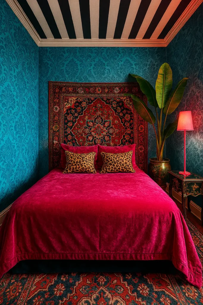 Small square room drenched in layered patterns: peacock‑blue damask wallpaper, bold black‑and‑white striped ceiling, Persian rug hung as headboard, velvet bedspread in hot magenta, leopard‑print throw pillows, vintage chinoiserie side table, towering banana plant in brass pot, neon pink floor lamp, wide‑angle 16 mm, rich HDR for riot of color.