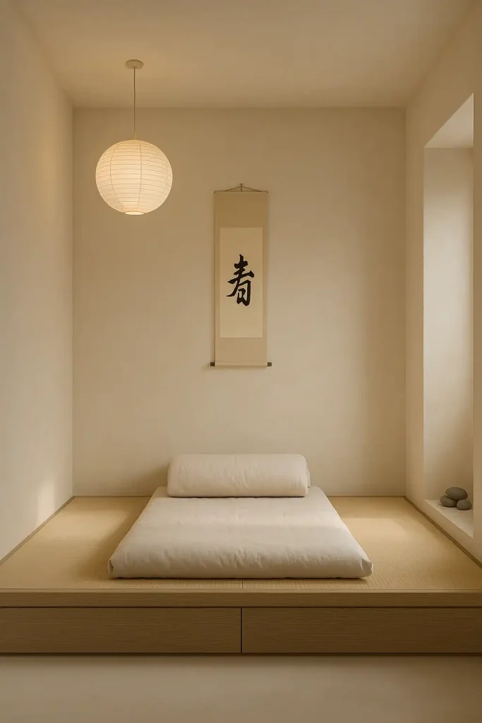Minimal 7 × 10 ft Japanese‑inspired capsule bedroom, all surfaces in soft warm white plaster, raised tatami platform with hidden drawers, rolled linen futon, single calligraphy scroll, rice‑paper lantern pendant, recessed alcove (tokonoma) holding river‑stone arrangement, diffused dawn light, 50 mm prime, airy depth.