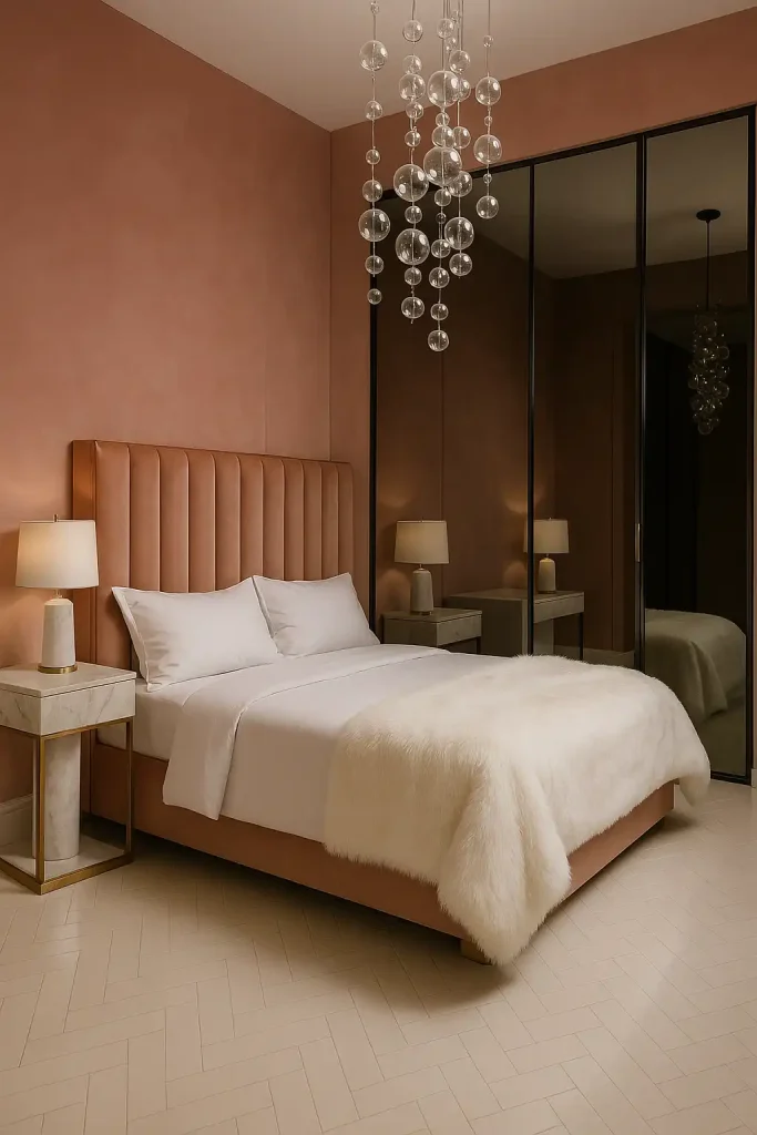 Compact glamour bedroom, blush‑pink suede walls, floor‑to‑ceiling smoked‑mirror wardrobe doors, queen bed with rose‑gold channel‑tufted headboard, cascading crystal bubble chandelier, white faux‑fur throw, marble pedestal nightstands with brass trim, herringbone parquet painted glossy ivory, softbox studio lighting for high‑fashion editorial vibe.