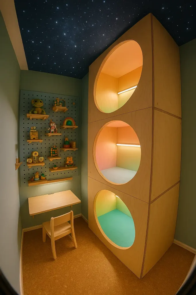 10 × 10 ft kids’ bedroom, custom plywood bunk pods stacked three high, each pod with circular porthole, built‑in LED reading strip, pastel‑rainbow gradient paint inside pods, pegboard toy wall, fold‑down homework desk, cork flooring, starry‑night ceiling mural with fiber‑optic twinkle lights, playful 14 mm fisheye shot.