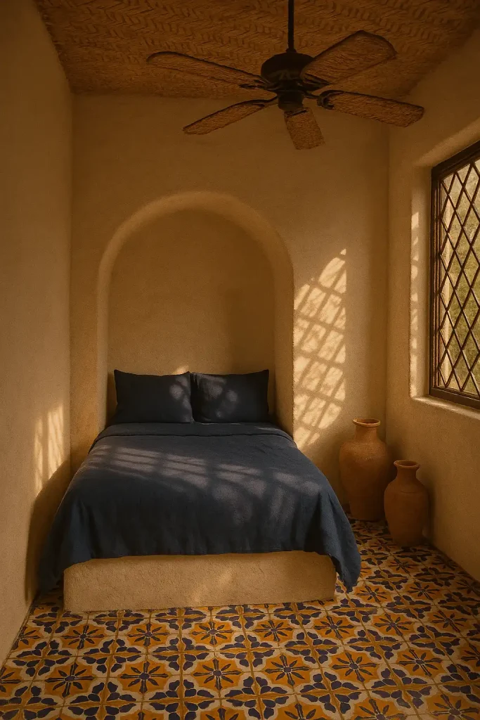 Petite 9 × 11 ft bedroom, whitewashed stucco, built‑in niche bed framed by smooth adobe arch, indigo‑dyed linen, hand‑painted Talavera tile floor in cobalt and saffron, woven palm ceiling fan, clay amphora vases, wrought‑iron lattice window casting dappled sunlight, 35 mm film look, warm golden hour.