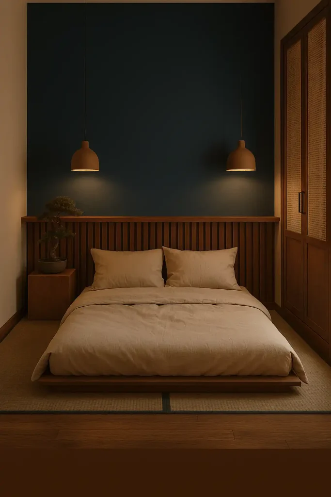 Tiny 9 × 10 ft Japandi bedroom viewed straight‑on, Blue Nova 825 accent wall behind a low futon bed, walnut slat headboard running wall‑to‑wall doubling as shelf, clay pendant lights, pebble‑gray tatami mat, built‑in wardrobe with rattan fronts, single bonsai on a cube nightstand, neutral cotton bedding, soft dusk lighting, cinematic 35 mm.