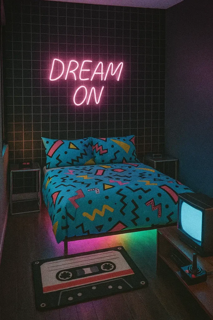 Tiny downtown studio bedroom, black grid wallpaper, Memphis‑style geometric duvet in cyan, magenta, yellow, neon ‘Dream On’ sign above bed, chrome cube nightstands, cassette‑tape rug, CRT TV with Atari joystick on low credenza, RGB under‑bed glow, grainy VHS filter, 24 fps frame grab aesthetic.