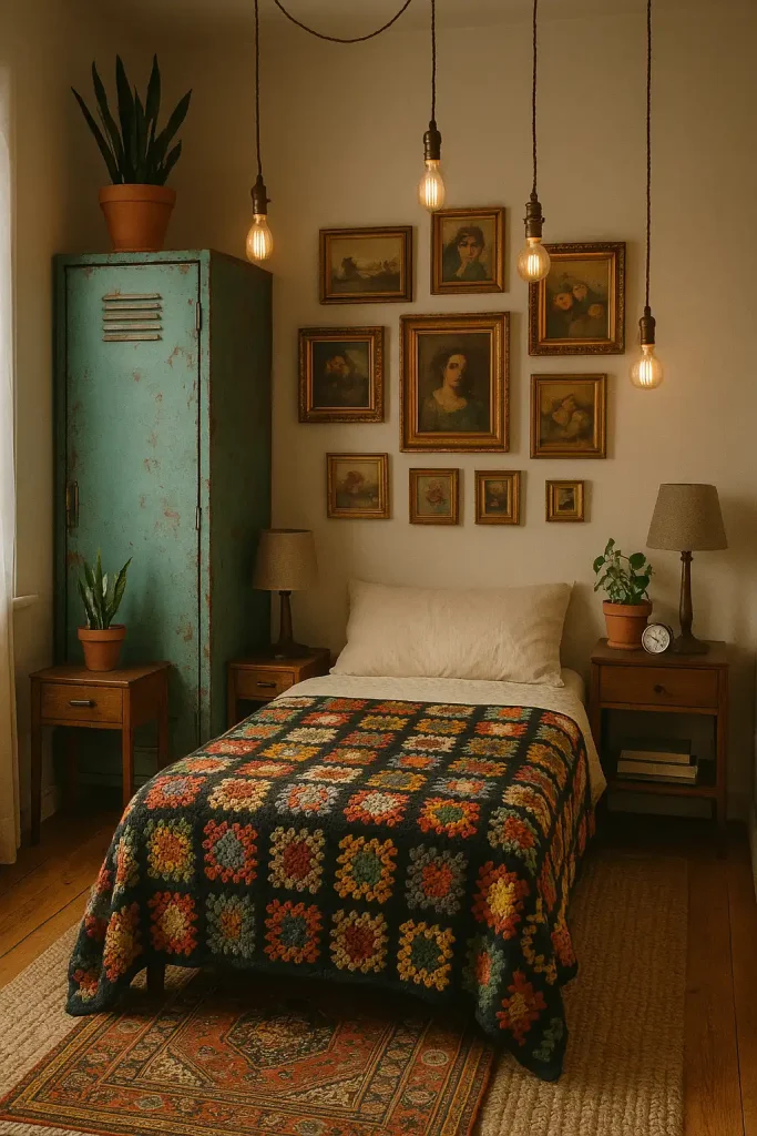 Shoebox bedroom crammed with curated thrift finds: distressed teal metal locker wardrobe, mismatched mid‑century nightstands, crocheted granny‑square blanket, gallery wall of gold thrift‑store frames, hanging Edison bulbs with cloth cords, Persian prayer rug layered over sisal, terracotta planters, handheld Polaroid flash look.