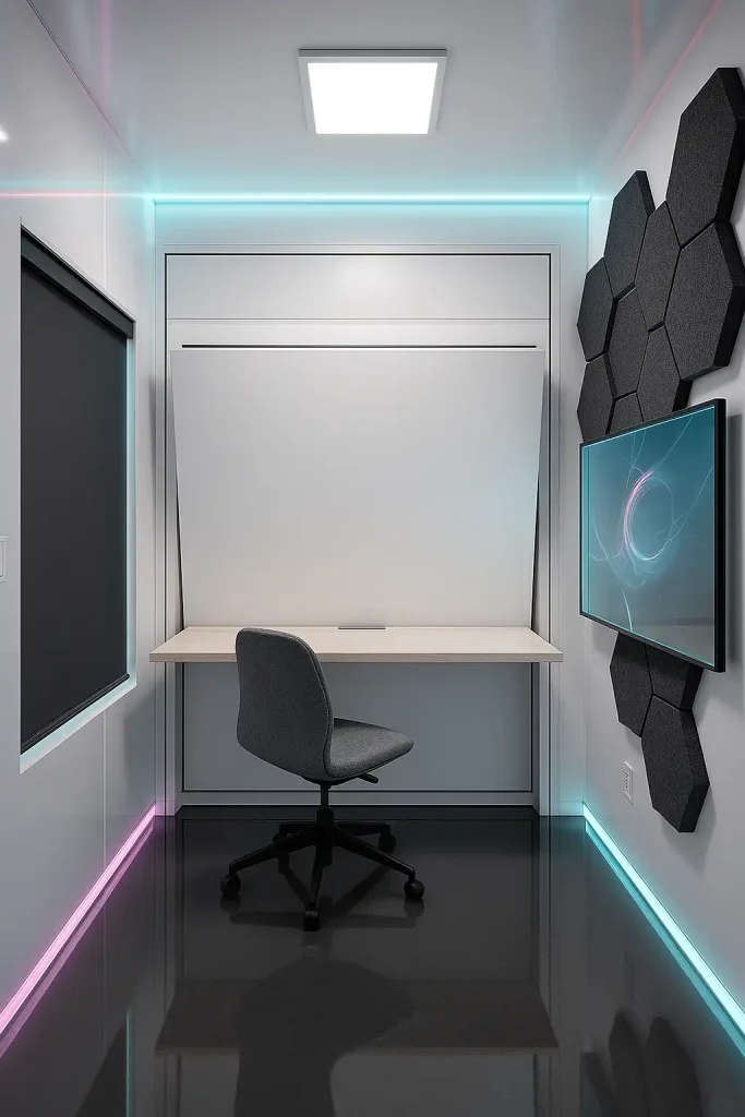 Micro 8 × 8 ft smart bedroom, glossy white walls with embedded RGB edge lighting, motorized Murphy bed that flips into desk, voice‑activated blackout blinds, wall‑mounted 55″ transparent OLED, modular acoustic hex‑panels in charcoal, reflective epoxy floor, cool 6500 K LED key light, render in Unreal Engine.