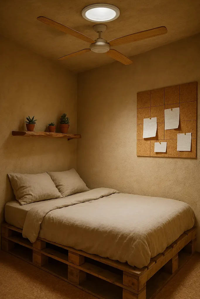 Tiny eco‑bedroom, walls finished in raw clay plaster, bed frame built from reclaimed pallet wood, organic hemp bedding in undyed flax color, ceiling fan crafted from bamboo, cork wall tiles doubling as pinboard, live‑edge cedar shelf holding succulents, solar skylight tube, shot with 35 mm, soft natural midday light.