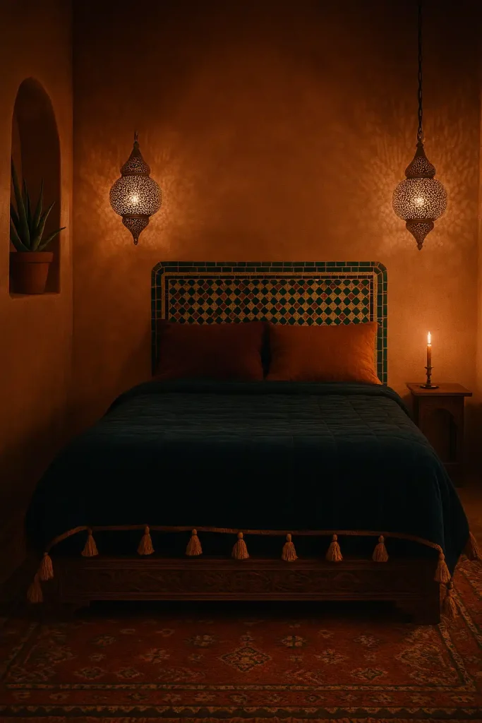 9 × 9 ft Moroccan‑inspired jewel‑toned bedroom, walls finished in hand‑troweled terracotta tadelakt, low carved‑cedar platform bed, indigo velvet quilt with saffron tassels, mosaic zellige tile headboard inset, brass filigree pendant lanterns casting lace‑like shadows, vintage Berber rug, arched alcove niche holding potted aloe, warm candlelit ambience, 35 mm film grain, intimate f/2 shot.