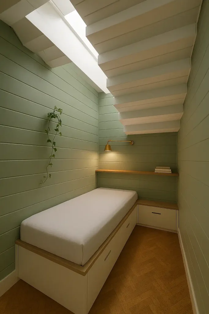 Micro bedroom cleverly tucked beneath a floating staircase, matte‑white stair treads acting as ceiling slats, built‑in twin mattress with pull‑out drawers, sage‑green shiplap side walls, reading nook illuminated by adjustable brass library light, slim oak shelf spanning bed length, herringbone cork floor, single trailing ivy, daylight from small skylight, ultra‑wide 14 mm architectural capture.