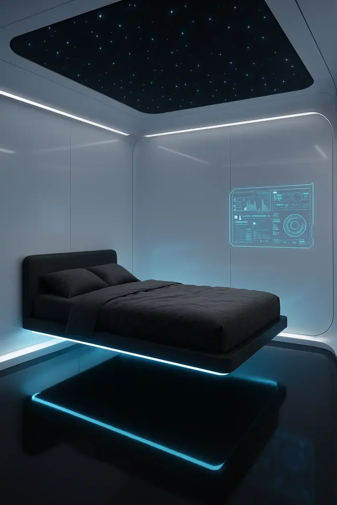 8 × 10 ft sci‑fi bedroom, seamless gloss‑white walls with rounded corners, levitating bed platform held by concealed magnets, under‑glow cyan LED strip, holographic control panel projected on side wall, ceiling star‑field fiber optics, reflective black epoxy floor, charcoal memory‑foam bedding, rendered in Unreal Engine with path‑tracing, cool 6500 K lighting, hyper‑real 8‑K.
