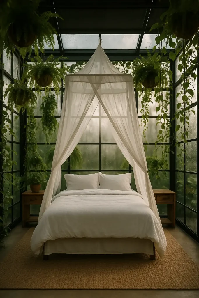 Tiny solarium‑style bedroom, three walls of floor‑to‑ceiling black‑metal grid windows, ceiling in clear glass with motorized blackout shade, queen bed wrapped in white linen canopy, abundant hanging ferns and trailing pothos creating indoor jungle, reclaimed teak side tables, sisal rug, misty early‑morning light with droplets on glass, soft 50 mm prime lens, dreamy depth of field.