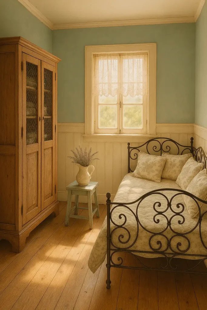 Compact 7 × 11 ft French‑country bedroom, distressed cream wainscoting, robin’s‑egg‑blue plaster above, ornate wrought‑iron daybed with toile‑de‑Jouy cushions, antique oak armoire with chicken‑wire doors, lace café curtains, ceramic pitcher of dried lavender on chippy‑paint stool, reclaimed pine plank floor, golden afternoon sunlight, gentle pastel color grading.