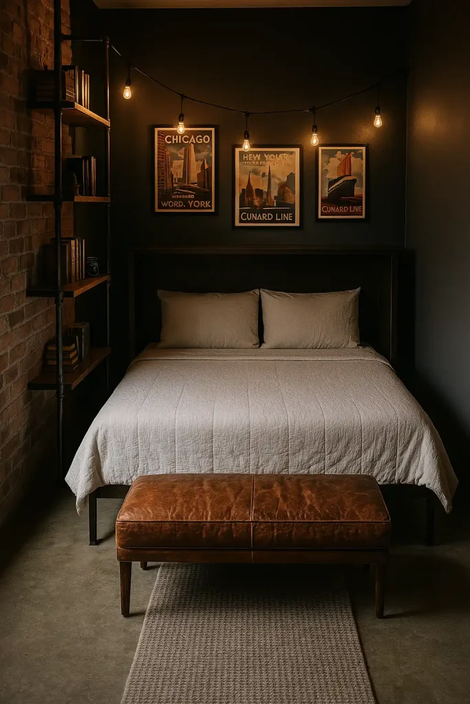 Compact city bedroom with exposed brick on one side, matte charcoal paint on others, queen Murphy bed folded down, black steel pipe shelving to ceiling, Edison string lights, distressed leather bench, vintage travel posters, polished concrete floor with wool runner, warm tungsten glow, gritty yet cozy — shot at f/2.8, ISO 400.