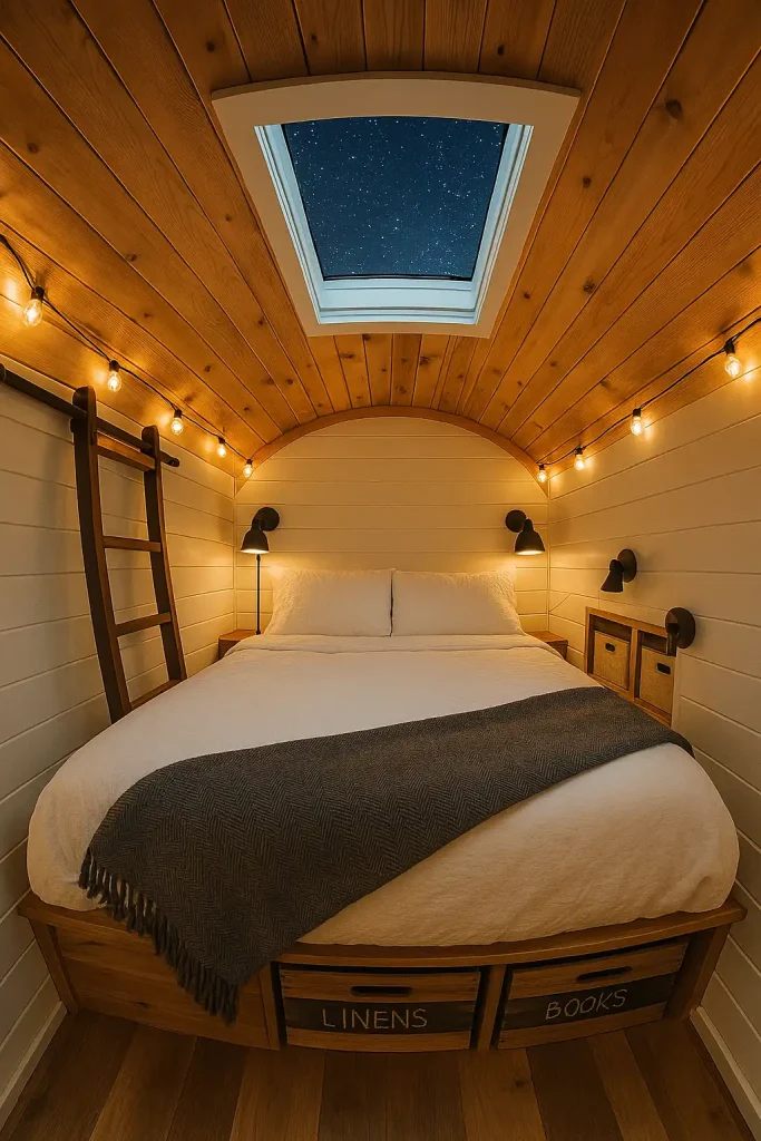 Loft bedroom inside a 200‑sq‑ft tiny house RV, tongue‑and‑groove cedar ceiling arching over mattress, panoramic skylight hatch for stargazing, built‑in cubbies with canvas bins, matte‑black reading sconces, sliding barn ladder, under‑bed storage crates labeled in chalk, crisp white linen duvet, charcoal herringbone wool throw, warm Edison string lights, handheld GoPro wide‑angle shot for cozy perspective.