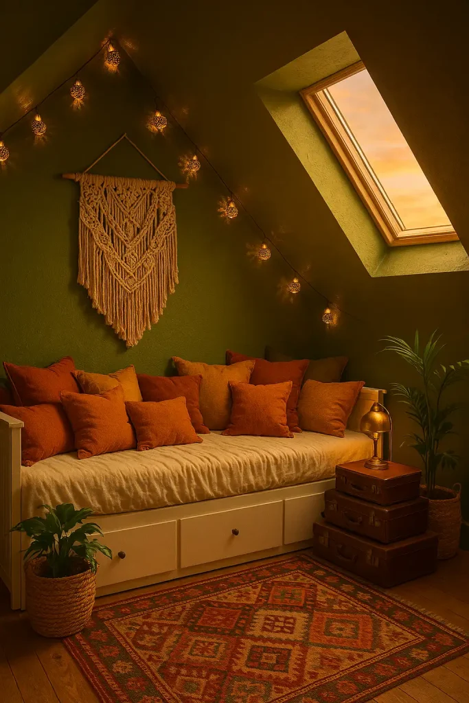Sloped‑ceiling attic bedroom, bohemian style, walls and ceiling colour‑drenched in olive green, brass lantern fairy lights, macramé wall hanging, white daybed packed with terracotta and mustard cushions, stacked vintage suitcases as nightstand, woven basket planters, Turkish kilim rug, skylight casting golden hour light, dreamy depth‑of‑field.
