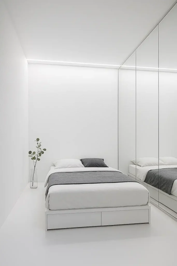 Ultra‑small 8 × 8 ft room, snow‑white walls, floor‑to‑ceiling mirror panels on one side to double perceived space, frameless platform bed with hidden drawers, monochrome bedding, single eucalyptus branch in clear vase, recessed LED strip around ceiling perimeter, daylight balanced, clean architectural shot.