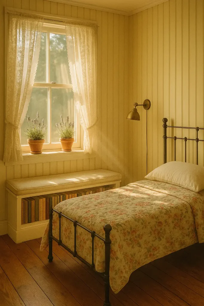 Cozy cottagecore box room with beadboard walls painted soft butter yellow, antique iron bed (twin), floral quilt, lace curtains, built‑in window seat stuffed with books below, terracotta pots of lavender on sill, vintage brass reading lamp, rustic oak floorboards, afternoon sunbeams, gentle film grain.