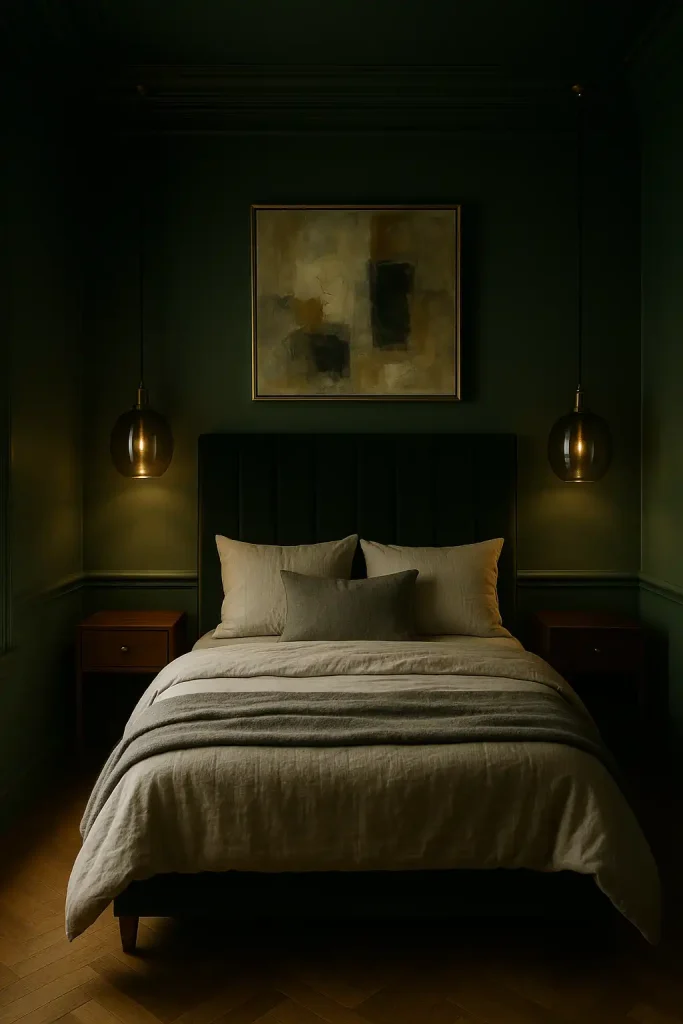 Moody small bedroom fully wrapped in deep forest green (walls, trim, ceiling), tall velvet headboard, walnut nightstands, smoked glass pendants, brass accents, herringbone oak floors, abstract art in gold frame, layered linen and cashmere bedding, vignette lighting for a cocoon effect — 50 mm prime lens, soft focus.