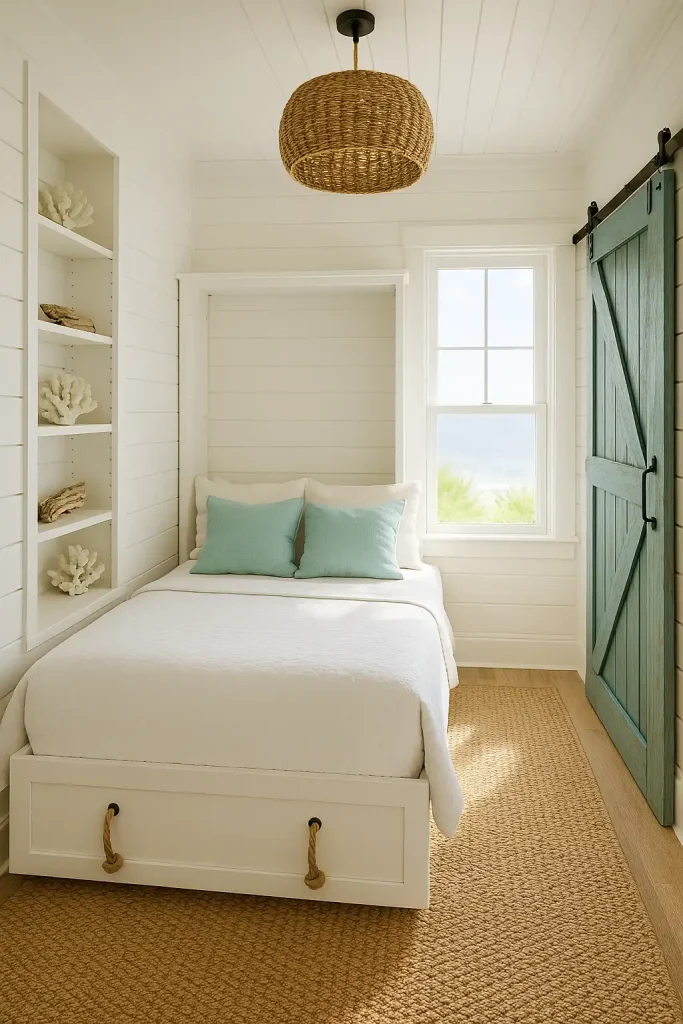 Compact coastal guest room, crisp white shiplap, light aqua accent pillows, fold‑out wall bed with rope handles, built‑in shelving styled with coral and driftwood, woven seagrass pendant, sandy jute rug, sliding barn door in weathered teal, bright seaside daylight, airy HDR capture.