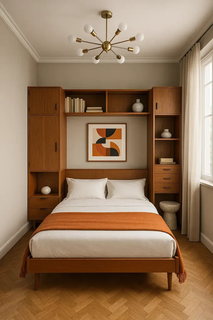 Small mid‑century modern bedroom, teak modular wall unit wrapping the bed, burnt‑orange accent throw, geometric artwork, sputnik ceiling fixture, terrazzo side table, parquet floor, neutral greige walls, window draped with sheer linen, even studio lighting, 4 K render style.