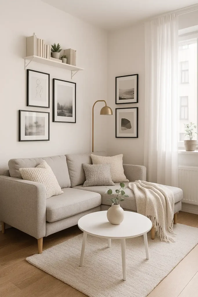 A small Scandinavian-style living room with light oak wood floors, a soft white rug, a compact gray sectional sofa with plush throws and knitted pillows, a round white coffee table with a minimalist ceramic vase holding eucalyptus stems, a wall-mounted bookshelf with neatly arranged neutral-toned books and small succulents, sheer white curtains letting in diffused sunlight, and a single brass floor lamp with a modern arch. The walls are white with one gallery wall featuring black and white art prints in thin black frames.