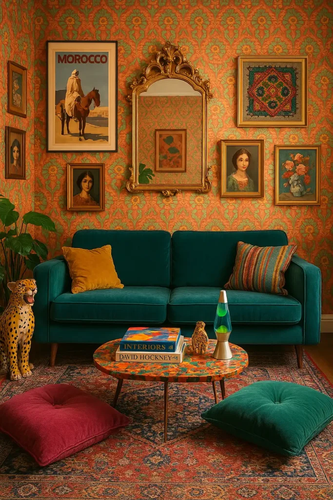 A tiny, vibrant living room bursting with personality â bold wallpaper with a floral or geometric pattern, a velvet teal couch, a multicolored Persian-style rug, and an ornate gold mirror above the couch. Wall art is mismatched but beautifully curated: vintage posters, portraits, and framed fabric. There are floor cushions in jewel tones, a funky coffee table stacked with art books, and unique thrifted decor (like a ceramic leopard and a lava lamp).
