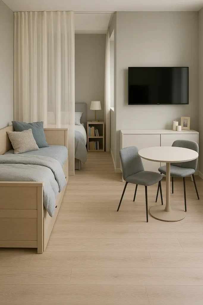 A multi-functional living space in a small studio apartment with a daybed that doubles as a couch, a small round dining table with two chairs, and a minimalist wall divider with sheer curtains. Neutral palette with soft blues and grays, light laminate floors, and a small corner bookshelf doubling as a nightstand. A wall-mounted TV above a slim white console with candles and a framed photo. Decorative pillows and a plush duvet add texture without crowding.