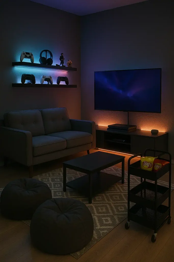A tech-savvy, cozy small living room setup with a mid-century modern loveseat facing a wall-mounted TV and console gaming setup. Thereâs an LED-lit floating shelf with controllers, headphones, and collectables. Soft beanbags on a patterned rug, a rolling cart with snacks, and ambient strip lighting give it a cool vibe. The color palette is moodyâgrays and blacks with RGB lighting elements.