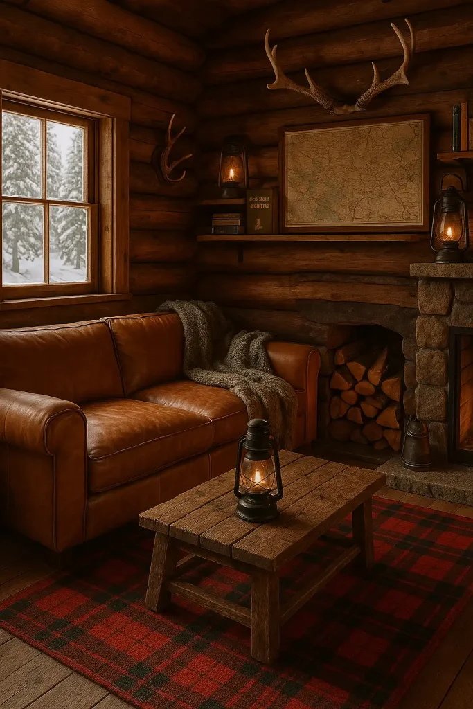 A tiny cabin living room with log walls, a stone fireplace with stacked firewood, and a cozy tan leather couch. The coffee table is made from reclaimed wood, and the rug is a traditional red and black tartan. One window looks out onto a snowy landscape, and there's a thick wool throw, antler decor, and vintage lanterns giving the space a rugged but warm feeling. Shelves hold camping books and vintage maps.