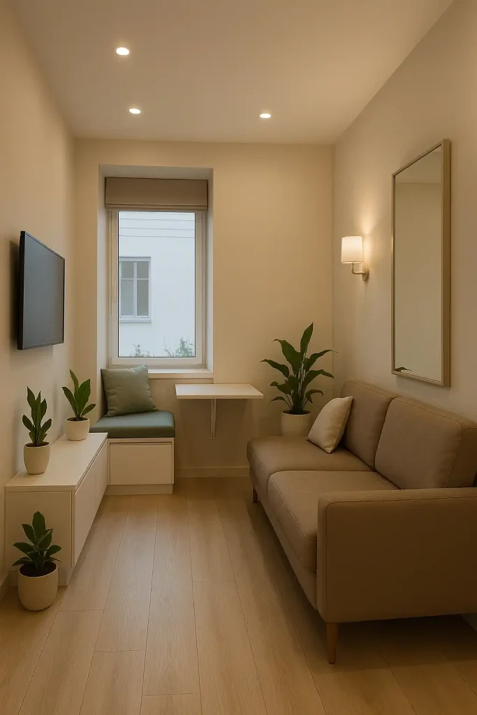 A sleek, space-saving living room with a built-in window bench full of hidden drawers, a wall-mounted drop-leaf table, and a slimline couch in taupe. A tall mirror leans against the wall to visually enlarge the space. Soft lighting comes from recessed ceiling lights and a wall-mounted sconce. Everything is clutter-free, and a few select plantsâlike a ZZ plant and a peace lilyâadd life without overwhelming. Palette is soft beige, muted green, and crisp white.