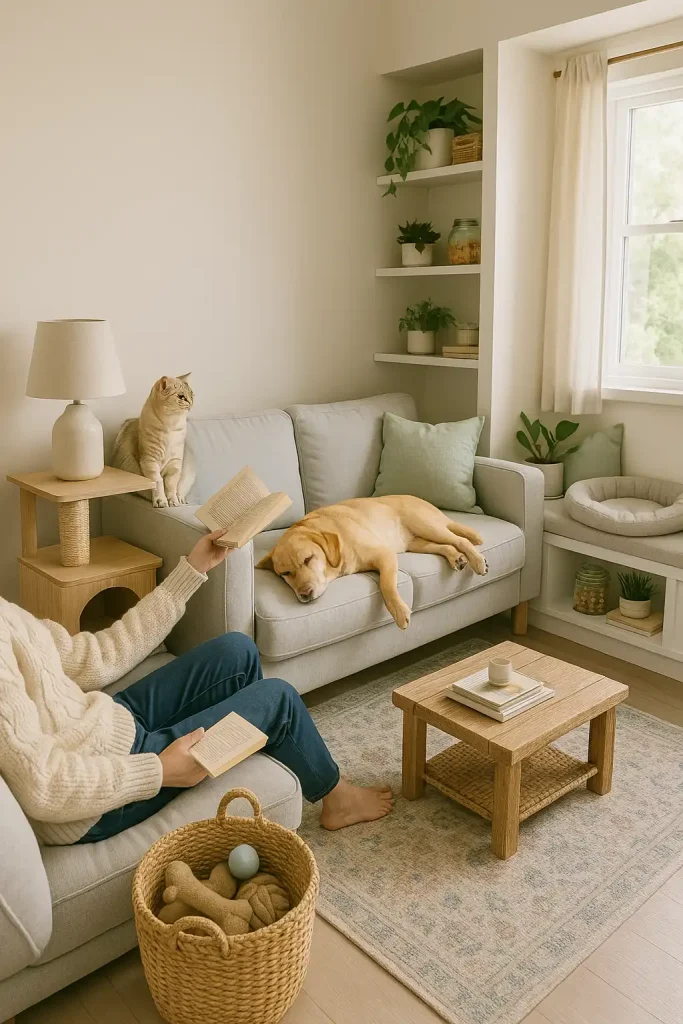 A cozy small space designed with pets in mind â a light gray couch with washable covers, a small wooden cat tree that doubles as a side table, and a chic woven basket for dog toys. Thereâs a washable rug, low open shelving with plants and pet treats, and a window seat with a pet bed built in. Decor is modern farmhouse with soft pastels and whites. A dog snoozes on the couch next to a person reading.
